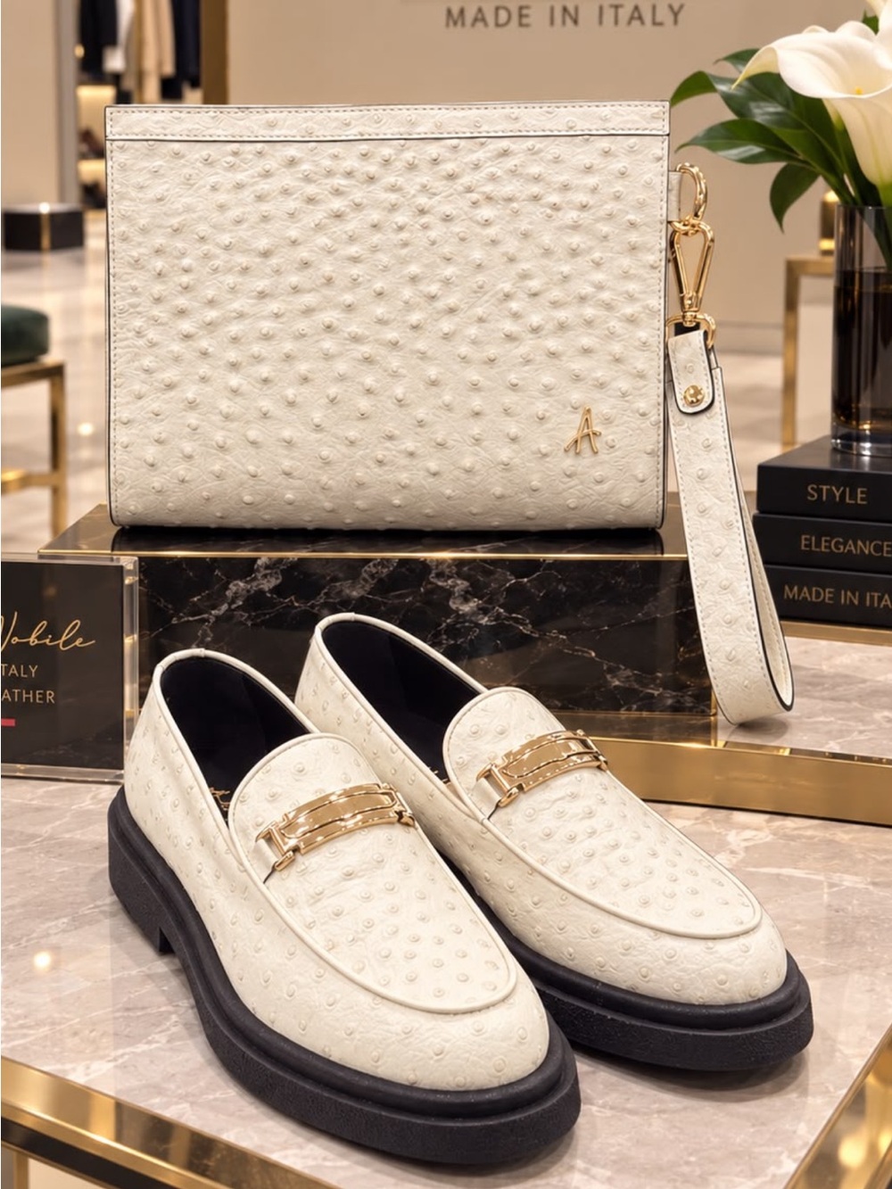 Cream Ostrich-print Leather man purse with matching Loafers with Gold Bit